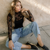 Sheer Floral Lace Top - Black