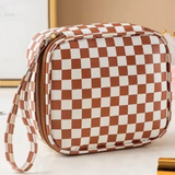 Checkered Cosmetic Travel Case - Camel