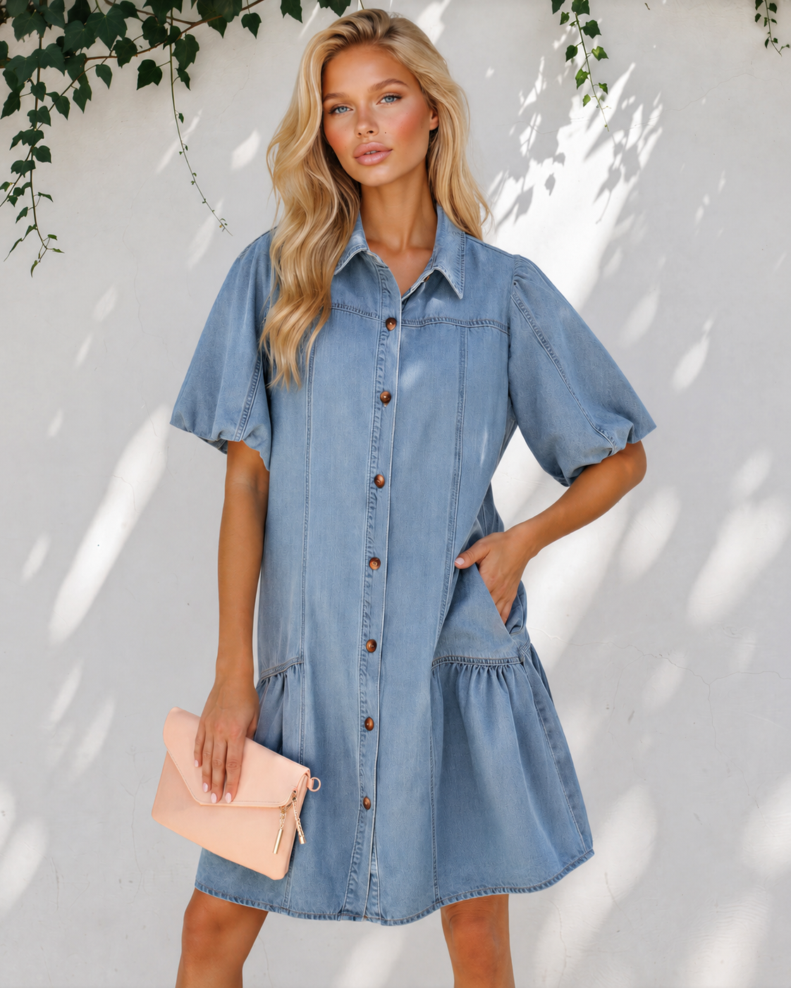 Rowen Button Down Short Puff Sleeve Ruffle Hem Patchwork Denim Dress M | Indie & Co