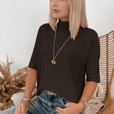 Burgundy Ribbed Trim High Neck Short Sleeve Casual Sweater