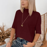 Burgundy Ribbed Trim High Neck Short Sleeve Casual Sweater