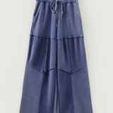 PREORDER Hazel Mineral Wash Tiered Wide Leg Patchwork Drawstring Pants - Blue | Dropship