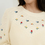 Gemma Mixed Texture Knit Flower Embroidered Detail Casual Sweater