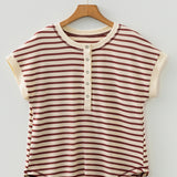 PREORDER Maisie Stripe Half Buttons Round Neck T Shirt - Red | Dropship