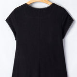 Anika Ribbed Knit Lace Trim Button Down Short Sleeve Top