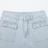 Camille Striped Button Flap Pocket Cuffed Hem Wide Leg Jeans