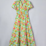 Jasmine Floral Print V Neck Short Puff Sleeve Cotton Maxi Dress
