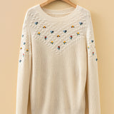 PREORDER Gemma Mixed Texture Knit Flower Embroidered Detail Casual Sweater | Dropship