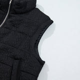 Black Textured Quilted Stand Neck Zipper Winter Vest