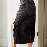 Kendall Distressed Hem Denim Midi Skirt - Gray Wash