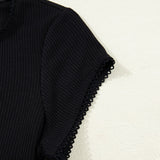 Anika Ribbed Knit Lace Trim Button Down Short Sleeve Top