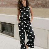 Paris Polka Dot Print Pleated Round Neck Tank Wide Leg Two-Piece Outfit
