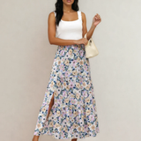 Alethea Bohemian Floral Print Tiered Maxi Skirt with Split - Sky Blue