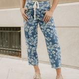 Eliana Floral Printed Drawstring Barrel Jeans