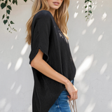Capri Frayed Batwing Sleeve Textured Cotton Blouse - Black