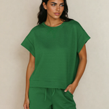 Astrid Textured Short Sleeve Top and Shorts Set - Green