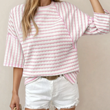 PREORDER Noelle Textured Knit Split Hem Half Sleeve Loose Top - Pink | Dropship
