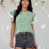 Vienna Twilled Print Lace Trim Ruffled Short Sleeve Blouse - Green