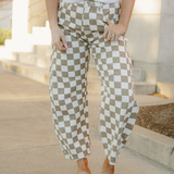 Riley Checkered Print Denim Barrel Pants