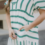Tiffany Stripe Ricrac Trim Notched Neck Half Sleeve Vacation Dress
