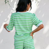 Sweet Escape Lounge Set Stripe Puff Short Sleeve T Shirt Matching Shorts Set - Green