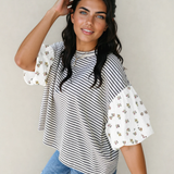 Aviva Puff Sleeve Patchwork Round Neck Loose Top - Black
