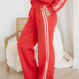 Fiery Red Varsity Striped Detail Crewneck Pullover Elastic Sweatpants 2pcs Outfit