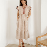 Nyla Double Ruffled Short Sleeve Contrast Trim V Neck Midi Dress - Brown