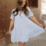Mimi Button Up Short Puff Sleeve Tiered Shift Dress