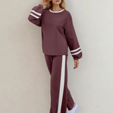 Jordyn Varsity Stripe  Drawstring Wide Leg Pant Set - Mineral Red | Dropship