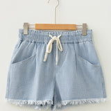 Tessa Stripe Raw Edge Drawstring Elastic Waist Casual Denim Shorts