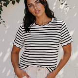 Collette Stripe Scalloped Trim Round Neck T Shirt - Black
