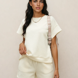 Astrid Textured Short Sleeve Top and Shorts Set - Cream