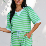Sweet Escape Lounge Set Stripe Puff Short Sleeve T Shirt Matching Shorts Set - Green