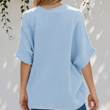 Capri Frayed Batwing Sleeve Textured Cotton Blouse - Blue