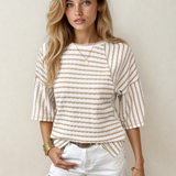 Noelle Textured Knit Split Hem Half Sleeve Loose Top - Apricot