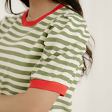 Kimberly Stripe Short Puff Sleeve Contrast Trim Round Neck Tee - Green