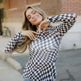 Checkered Mesh Long Sleeve Top - Black | Dropship
