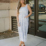 Jaylani Blue Floral Print Knot Straps High Waist Flared Maxi Dress