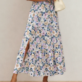 Alethea Bohemian Floral Print Tiered Maxi Skirt with Split - Sky Blue