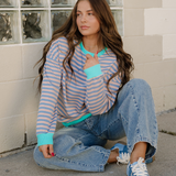 Baya Striped Contrast Trim Drop Shoulder Sweatshirt - Blue/Pink | Dropship