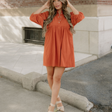 Sutton Corduroy Snap Buttons Empire Waist Bracelet Sleeve Dress