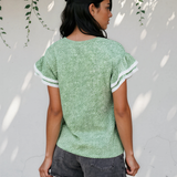 Vienna Twilled Print Lace Trim Ruffled Short Sleeve Blouse - Green