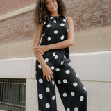 Paris Polka Dot Print Pleated Round Neck Tank Wide Leg Two-Piece Outfit