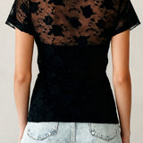 Floral Lace Mesh Short Sleeve Sheer Top - Black