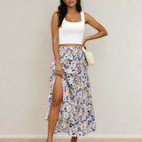 Alethea Bohemian Floral Print Tiered Maxi Skirt with Split - Sky Blue