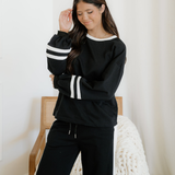 Jordyn Varsity Stripe  Drawstring Wide Leg Pant Set - Black