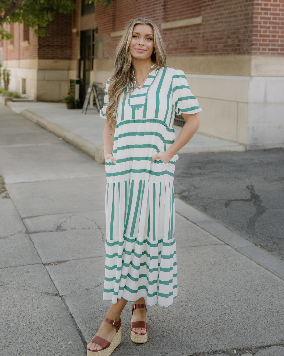 Tiffany Stripe Ricrac Trim Notched Neck Half Sleeve Vacation Dress