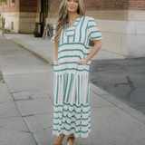 Tiffany Stripe Ricrac Trim Notched Neck Half Sleeve Vacation Dress