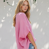 Capri Frayed Batwing Sleeve Textured Cotton Blouse - Pink